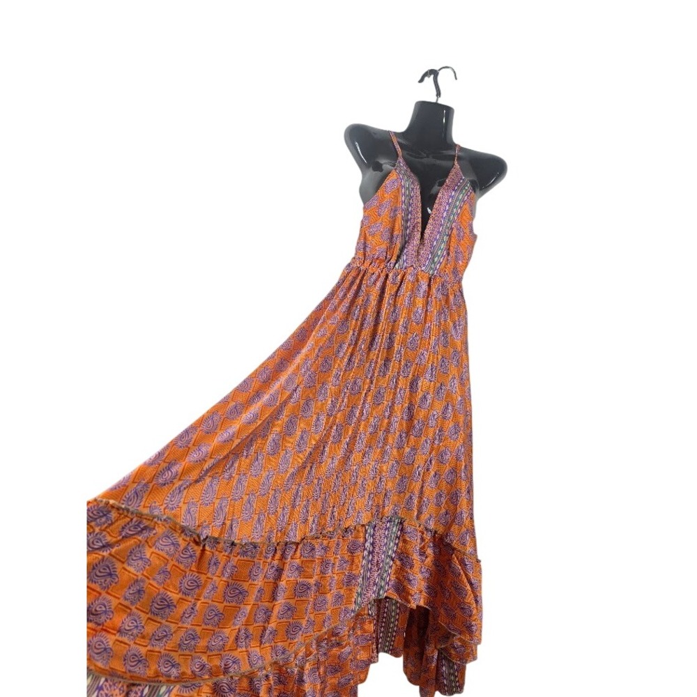India Silk Halter Dress Womens OS Orange Paisley Boho Resort Maxi Festival
